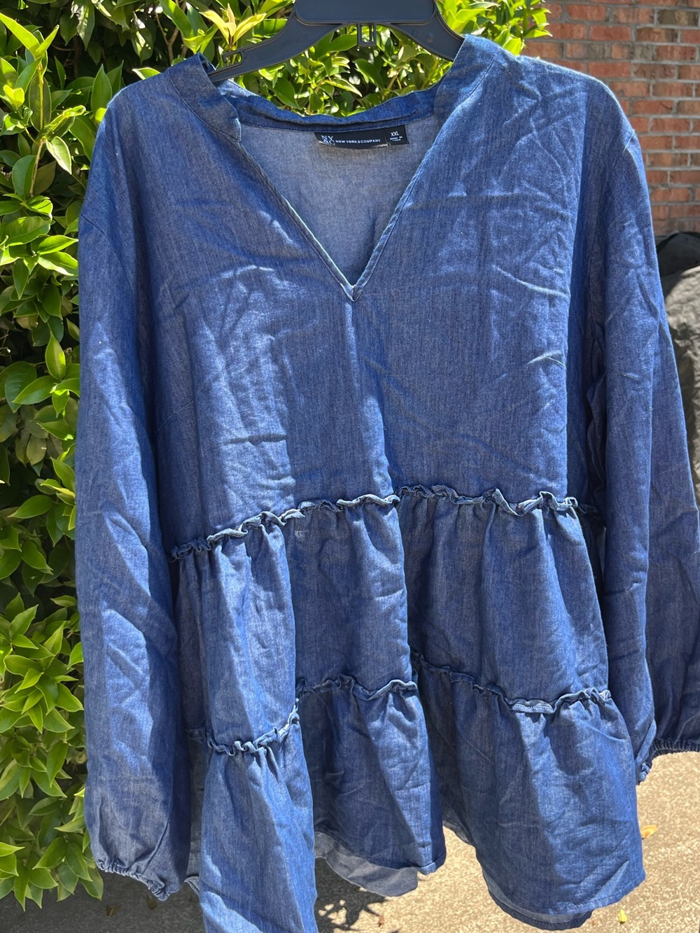 New York & Company Denim-Look Tiered V-Neck tiered top in Blue